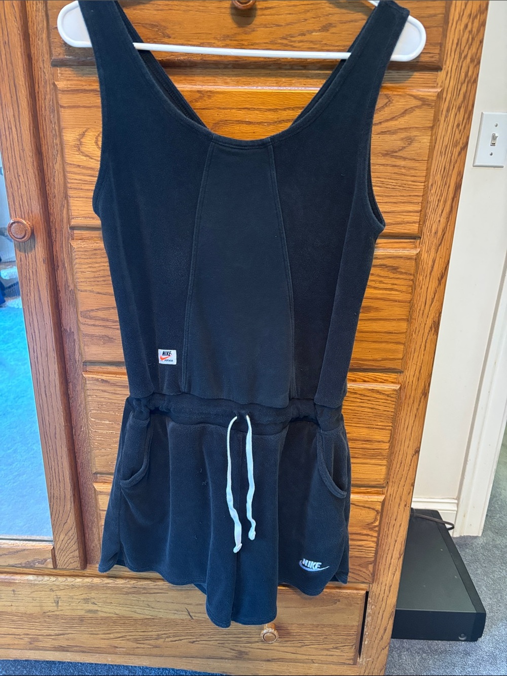 Nike Black Womens Terry Tank One-Piece Romper with Drawstring